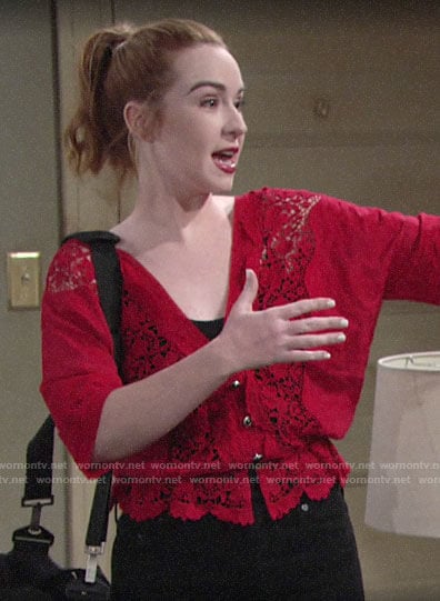 Mariah's red lace button front top on The Young and the Restless