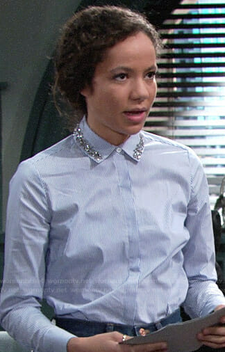 Mattie's blue striped shirt with embellished collar on The Young and the Restless