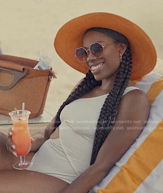 Molly's white one-shoulder swimsuit on Insecure