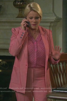 Adrienne's pink suit and printed blouse on Days of our Lives