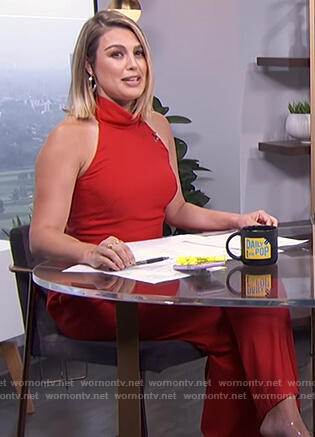Carissa's red mock neck jumpsuit on E! News Daily Pop