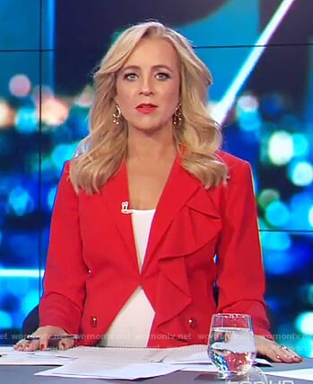 Carrie's red ruffle blazer on The Project