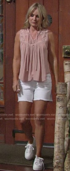 Sharon's pink top and white denim shorts on The Young and the Restless