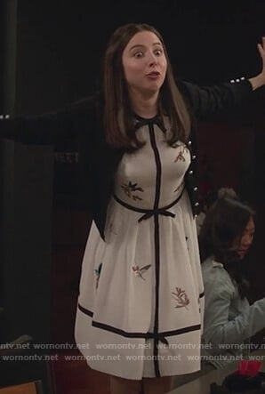Esther's white embroidered bow dress and black pearl button cardigan on Alone Together