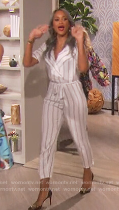 Eve's white striped wrap jumpsuit on The Talk