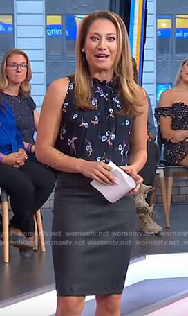 Ginger's navy floral top and leather skirt on Good Morning America