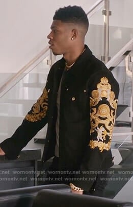Hakeem's black printed denim jacket on Empire