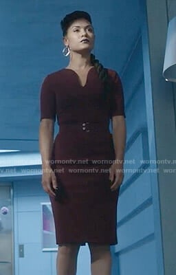 Reeva's burgundy belted dress on The Gifted