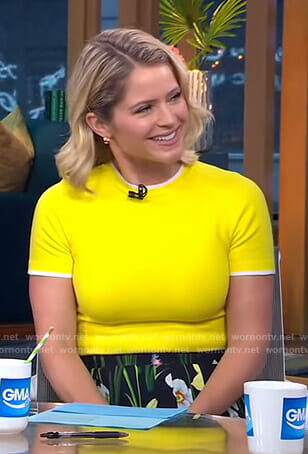 Sara's yellow sweater and black floral skirt on GMA Day