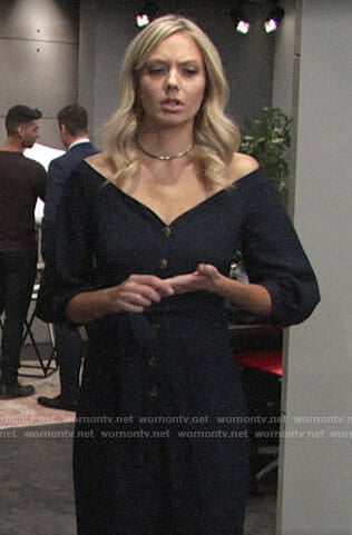 Abby's navy off-shoulder jumpsuit on The Young and the Restless