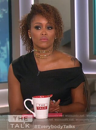 Eve's black one shoulder ruched dress on The Talk