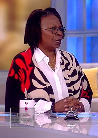 Whoopi's black rose print cardigan on The View