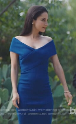 Castel's blue off shoulder sheath dress on Queen of the South