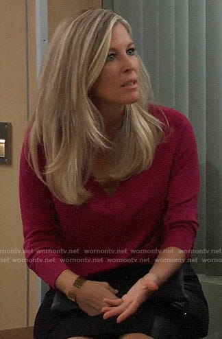 Carly's pink v-neck sweater and leather panel skirt on General Hospital