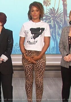Eve's Nina Simone print tee and cheetah pants on The Talk
