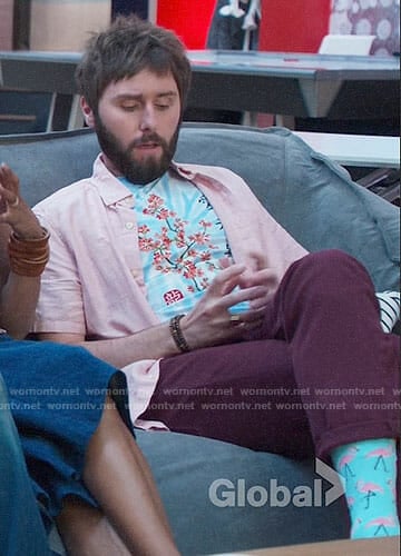 Chewey's cherry blossom tee and flamingo socks on I Feel Bad