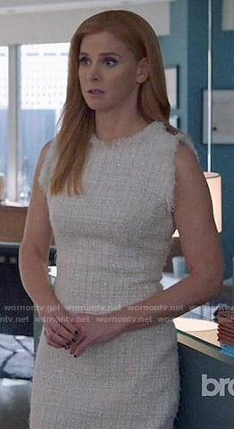 Donna's white tweed dress with black trim on Suits