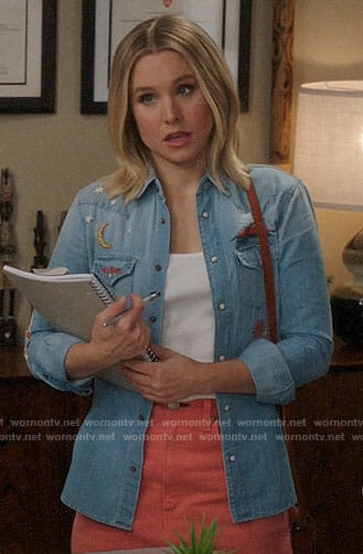 Eleanor's embroidered chambray shirt and coral denim skirt on The Good Place