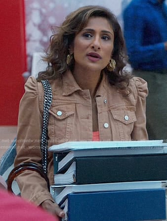 Emet's brown puff-shoulder denim jacket on I Feel Bad