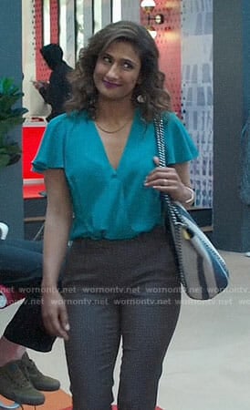 Emet's teal wrap top and striped tote bag on I Feel Bad