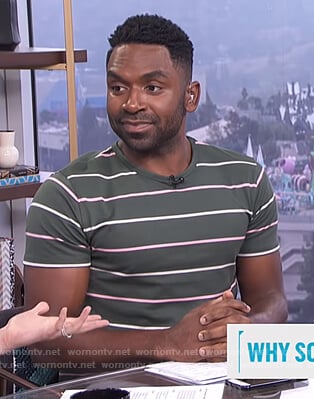 Justin's green striped tee on E! News Daily Pop