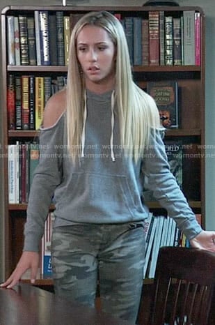 Josslyn's cold-shoulder hoodie and camouflage jeans on General Hospital