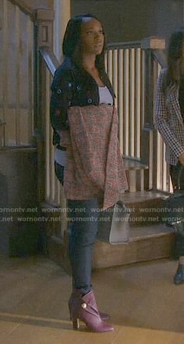Michaela's embroidered dot cardigan and purple boots on How to Get Away with Murder