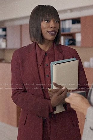 Molly's red button down blouse and blazer on Insecure