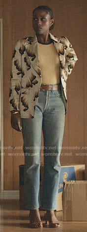 Issa's printed blazer and yellow tee on Insecure