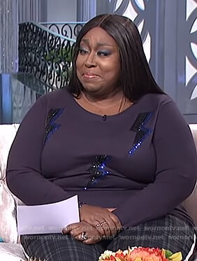 Loni's blue lightning bolt embellished sweater on The Real
