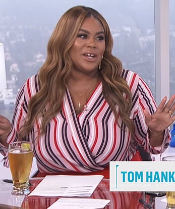 Nina's pink striped wrap top on E! News Daily Pop
