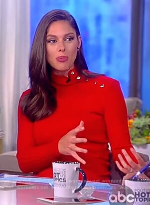 Abby's red button shoulder embellished dress on The View