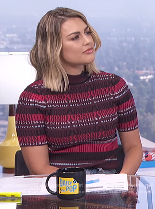 Carissa's purple ribbed short sleeve sweater on E! News Daily Pop