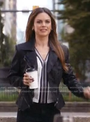 Sam's white zip front blouse and black jacket on Take Two