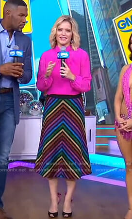 Sara's pink blouse and metallic striped skirt on GMA Day