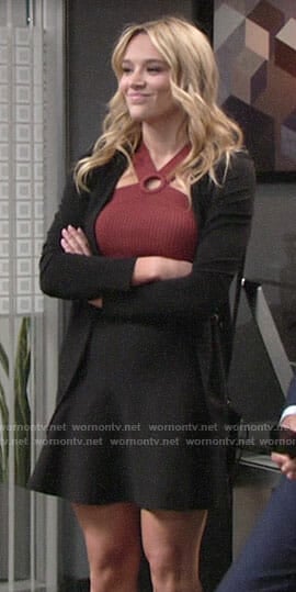 Summer's red ring neck top and black skirt and blazer on The Young and the Restless