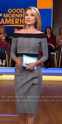 Amy's grey plaid off-shoulder dress on Good Morning America