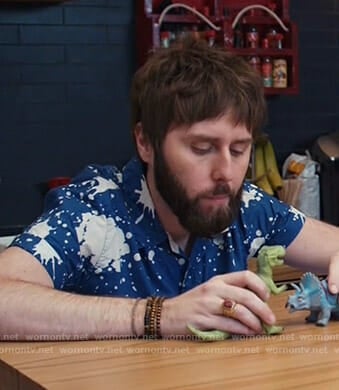 Chewey's blue paint splatter shirt on I Feel Bad
