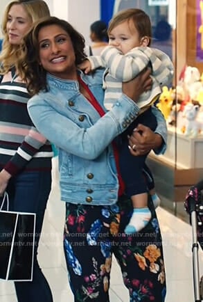 Emet's denim jacket and floral pants on I Feel Bad