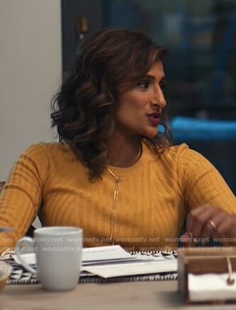 Emet's yellow ribbed sweater on I Feel Bad