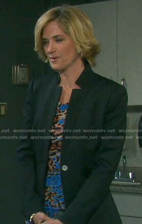 Eve's blue printed dress and black blazer on Days of our Lives