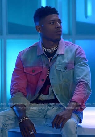 Hakeem's black bird print tee and tie dye denim jacket on Empire