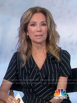 Kathie's black pinstriped wrap dress on Today