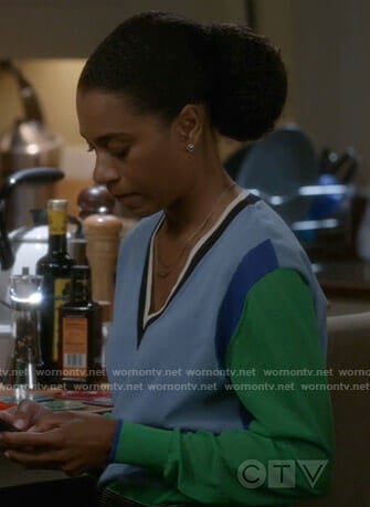 Maggie's blue and green colorblock sweater on Grey's Anatomy