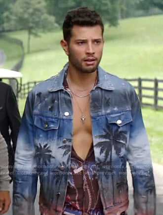 Sam's palm tree print denim jacket on Dynasty