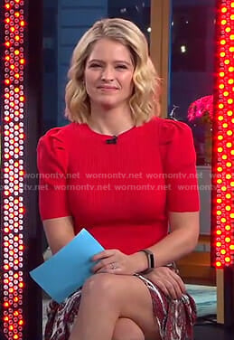 Sara's red puff sleeve sweater and paisley print skirt on GMA Day