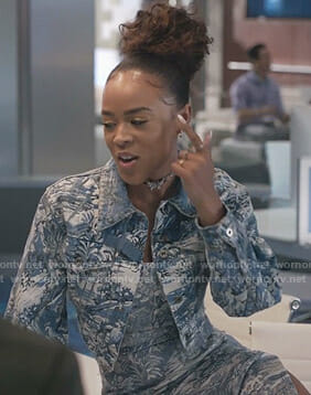 Tiana's blue print dress and denim jacket on Empire