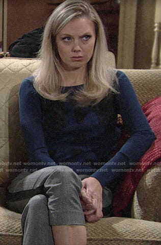Abby's blue sweater and plaid side-stripe pants on The Young and the Restless