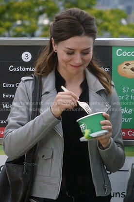 Amelia's grey moto jacket on Grey's Anatomy