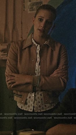 Betty's insect print shirt and pink leather jacket on Riverdale